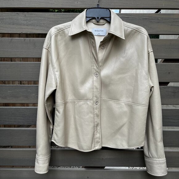 Babaton Pelli Relaxed Hip Shirt Jacket Relaxed Faux Leather Shacket Cream Tan S - Picture 2 of 7